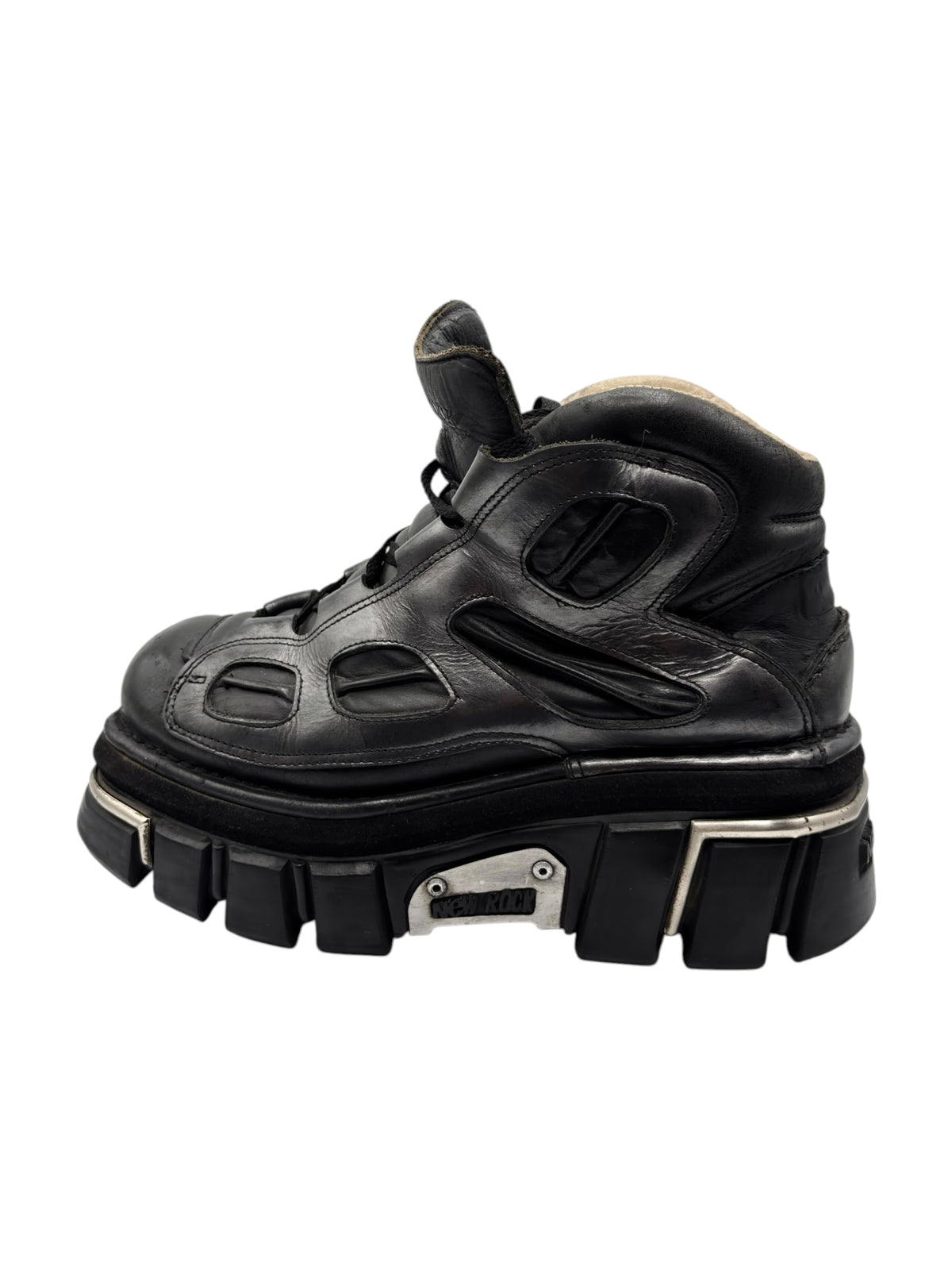 Black leather platform boots with lace-up front and thick lug sole