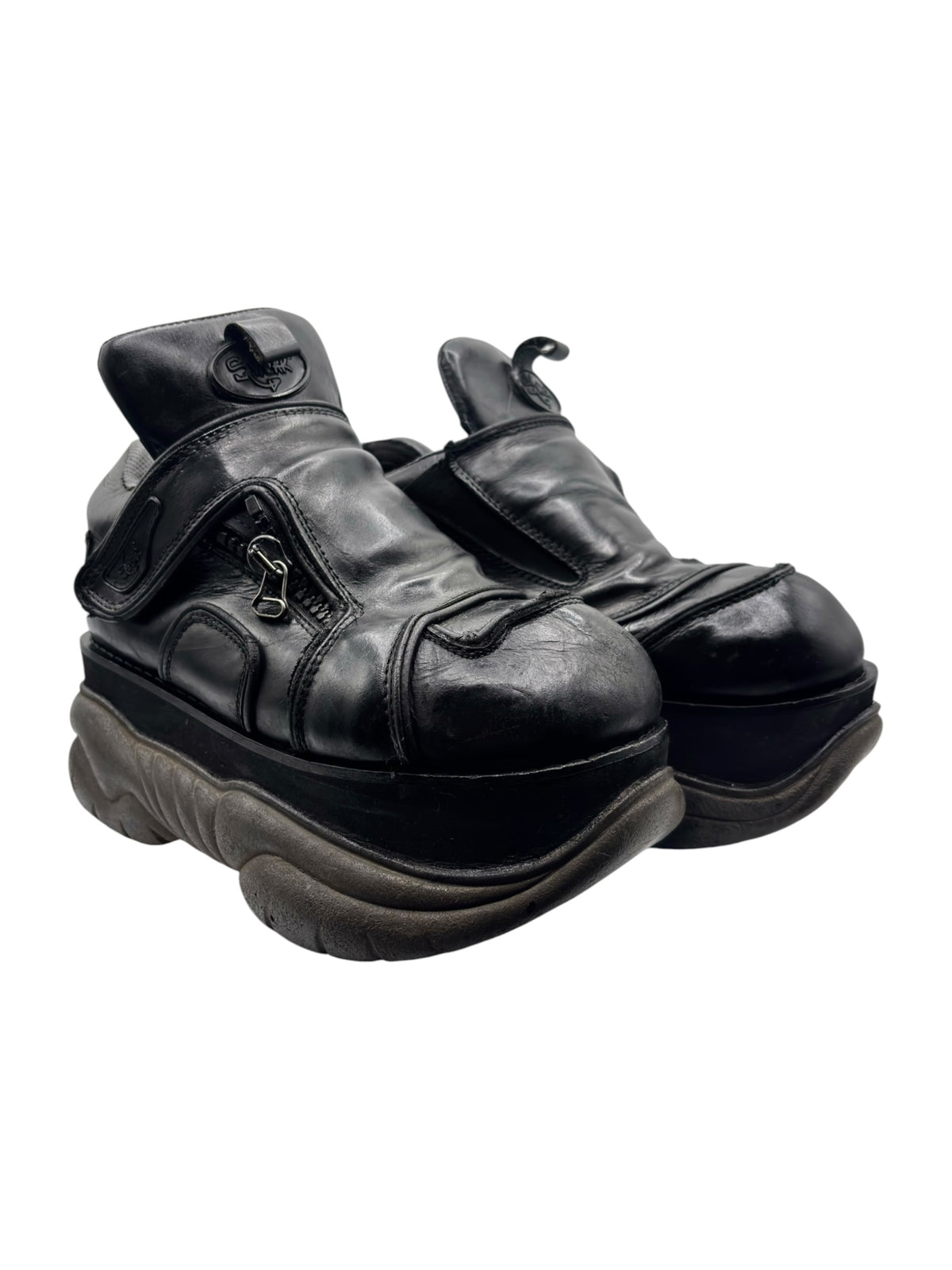 Vintage Swear London platform boots, side view of black leather with chunky sole