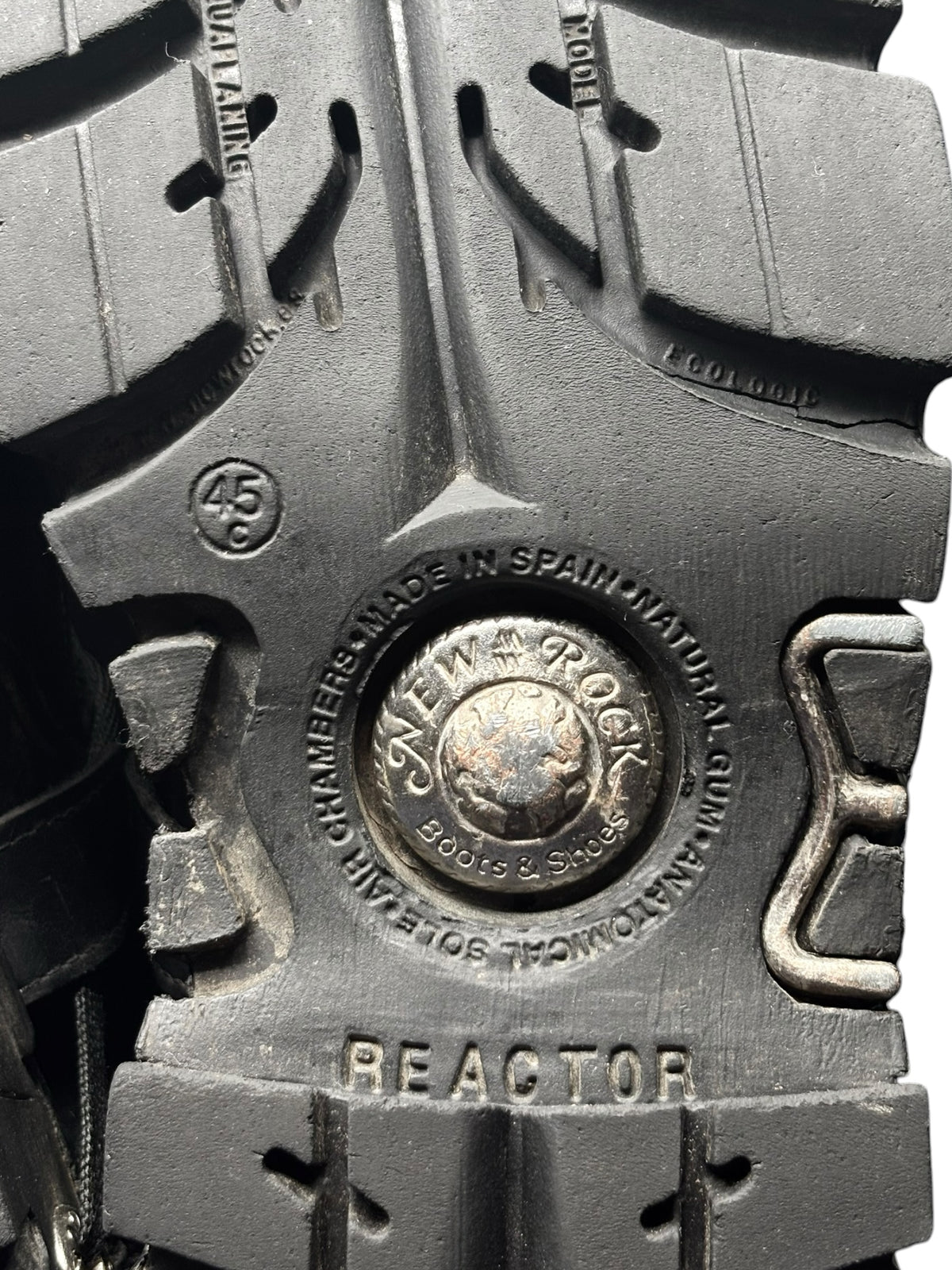 Grey New Rock Reactor flame boots, detailed metal emblem and flame-style panels.