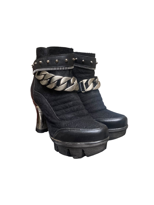 New Rock vintage leather heels, black ankle boots with silver chain strap and stud trim