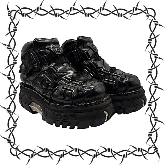 Vintage New Rock black trailer leather platform boots