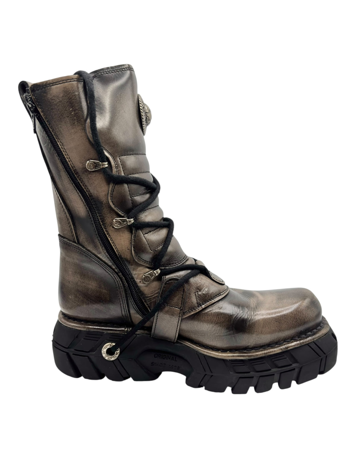 New Rock tall leather boots with lace-up tie, harness straps, and chunky sole
