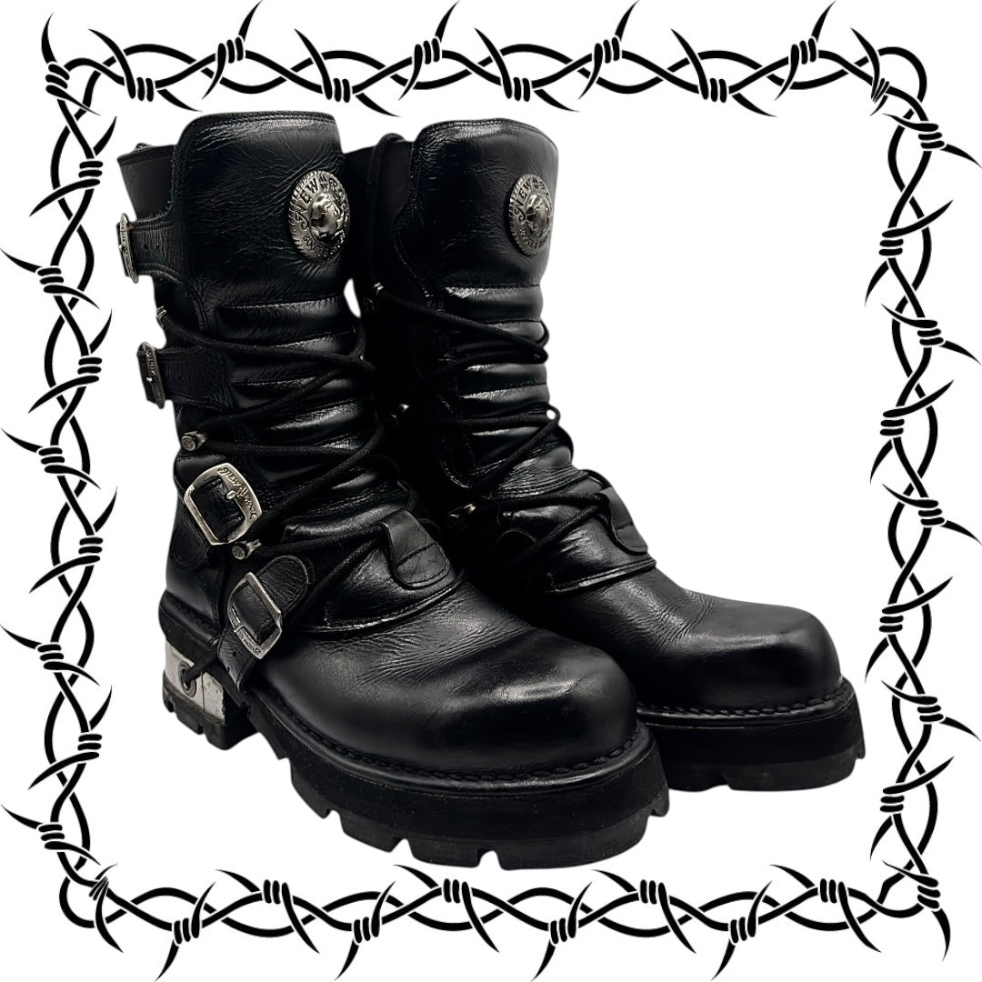 Vintage New Rock buckled raised-heel mid-calf leather boots size 42