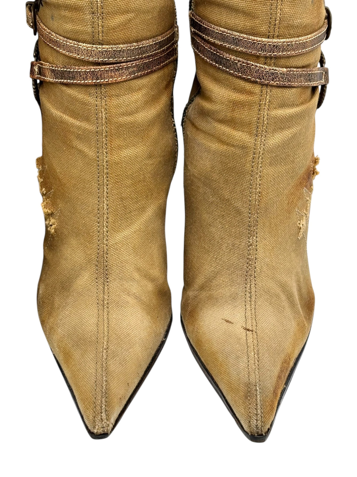 El Dantes tan pointed-toe knee-high boots with layered strap wraps and stitched seams