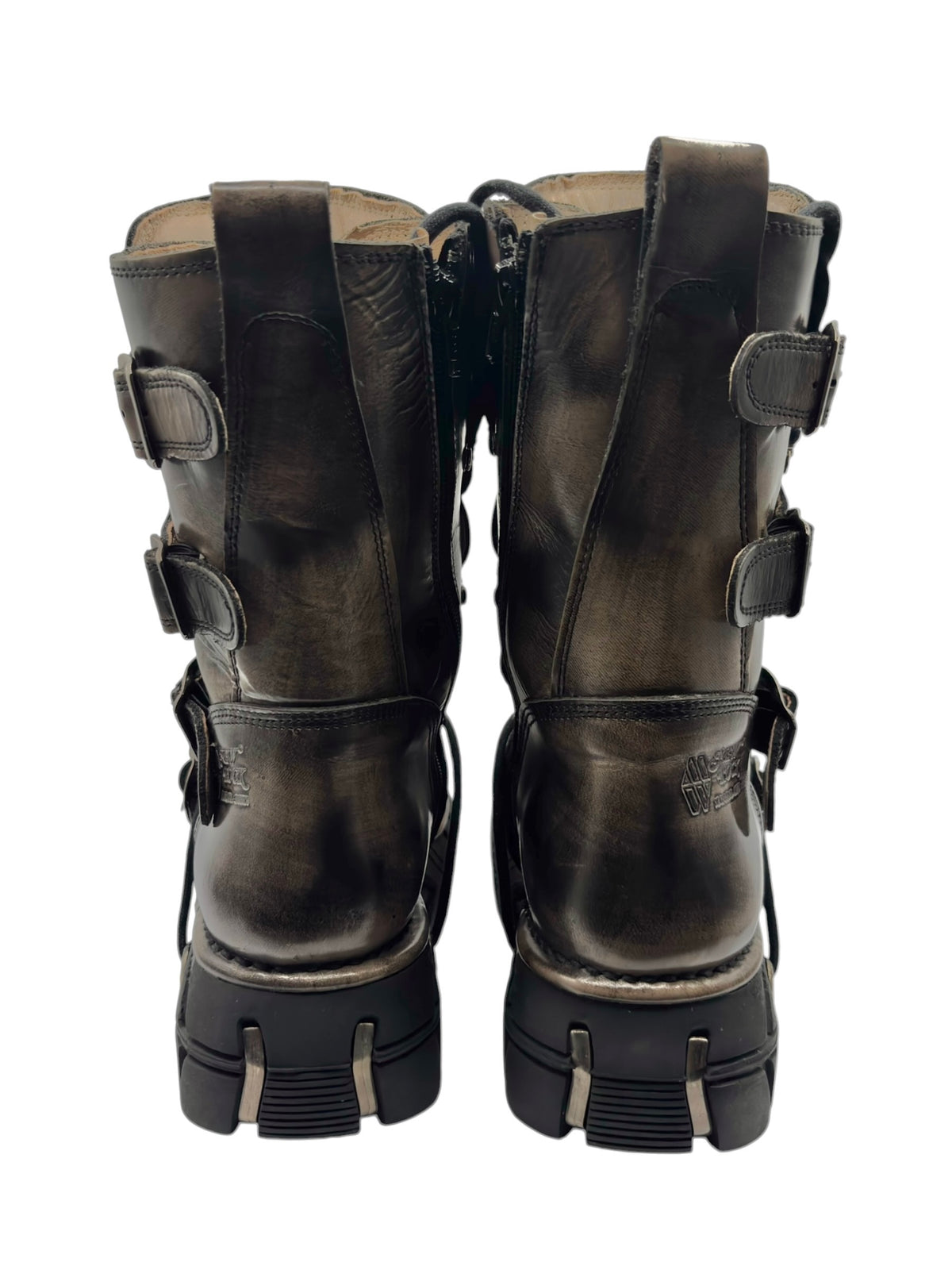 Vintage New Rock leather boots viewed from back with rear harness straps
