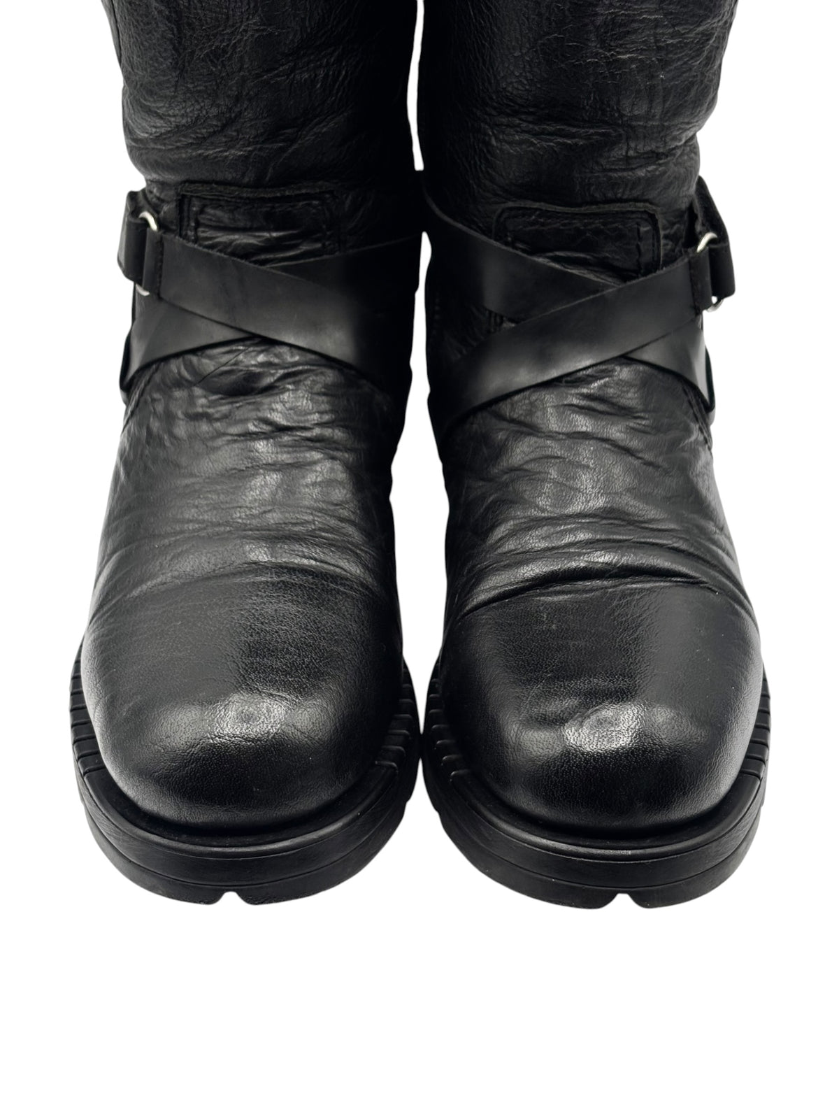 Black leather biker boots with front strap detail and low block heel