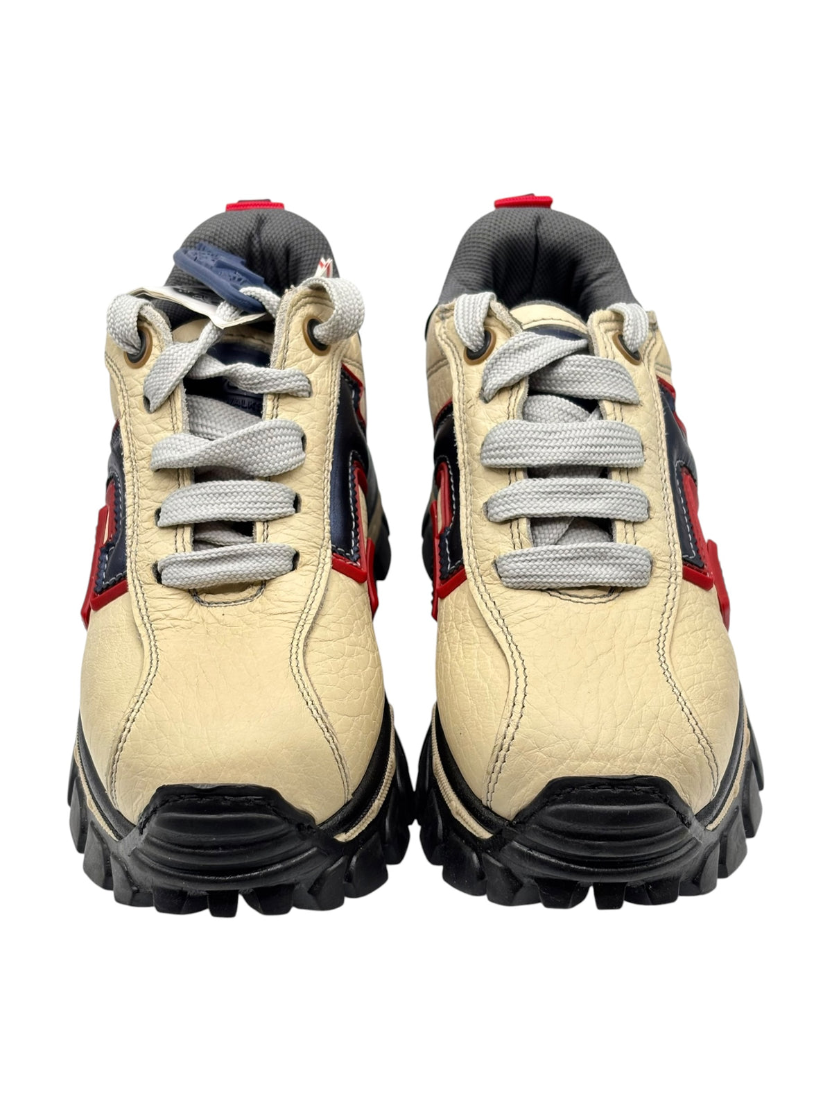 Beige lace-up platform sneakers with gray laces, black sole, red and navy side stripes