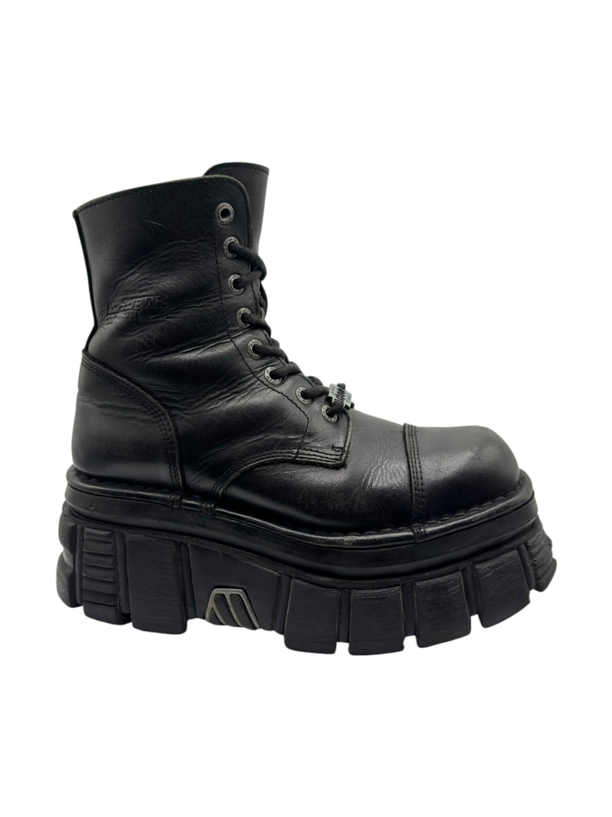 New Rock Mili black leather lace-up platform boots with textured upper and thick tread sole