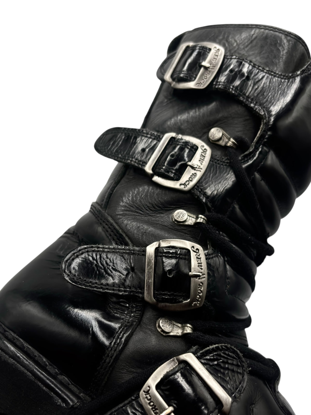 Black mid-calf New Rock platform boots with multiple metal buckles