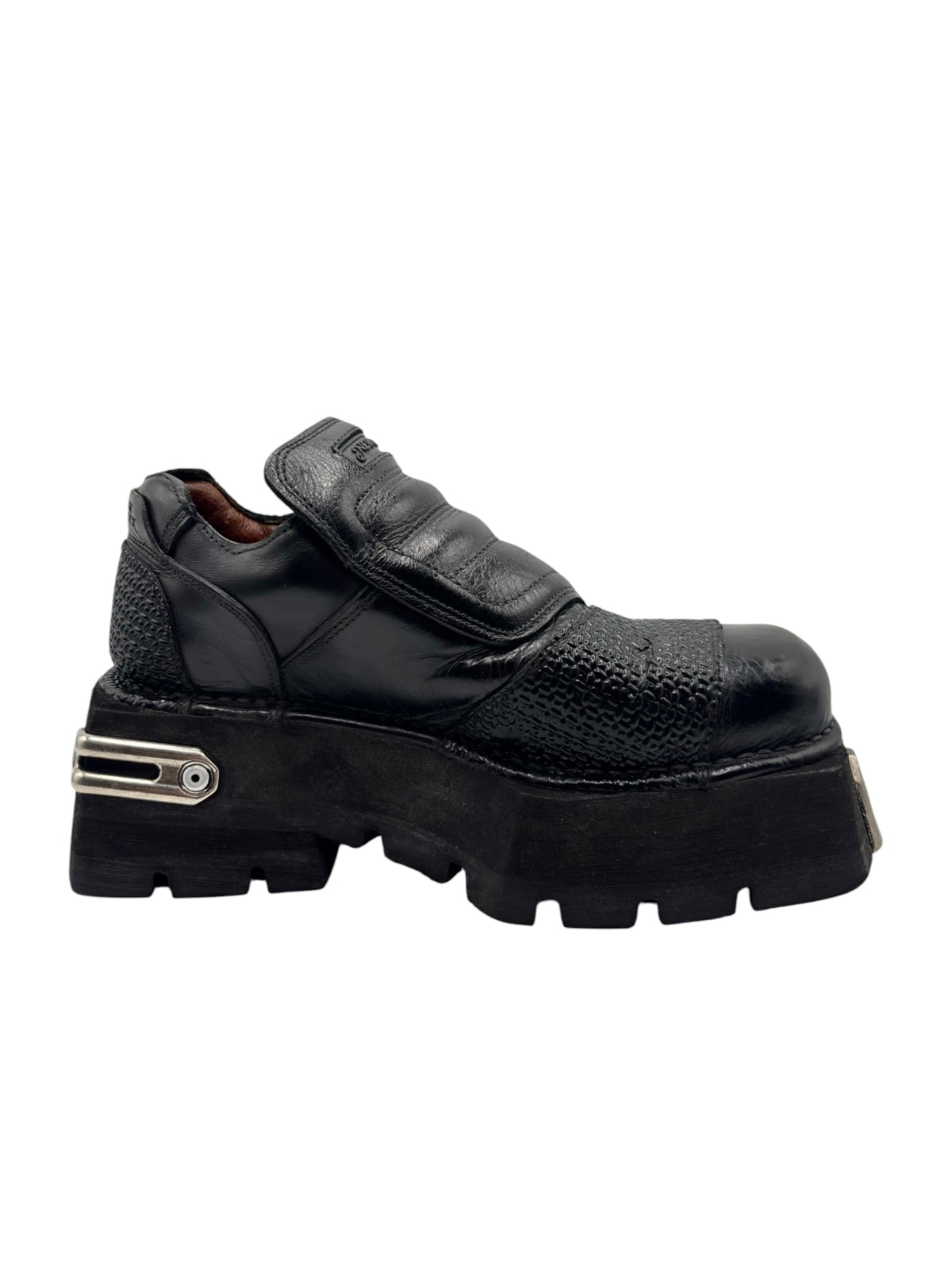 Vintage New Rock platform boots: black textured upper with silver-tone side buckle