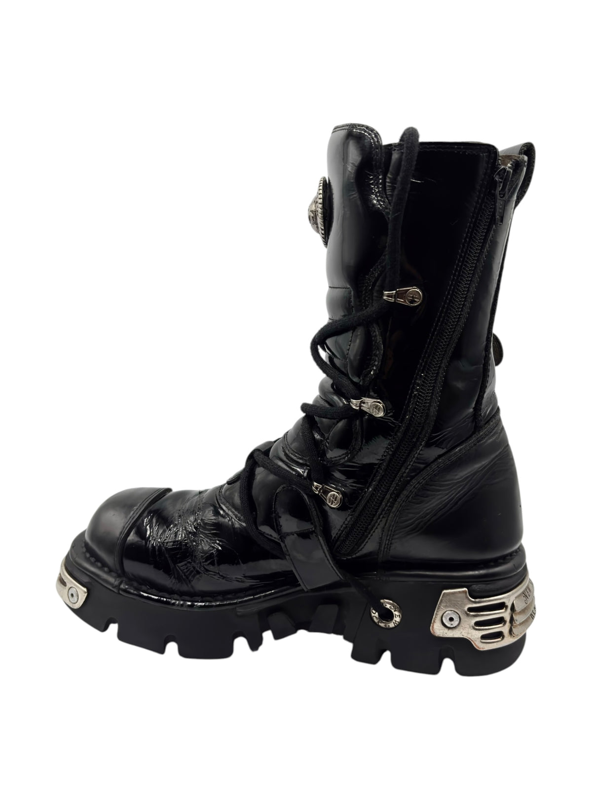Vintage New Rock mid-calf leather boots in black with side zipper and lace-up design