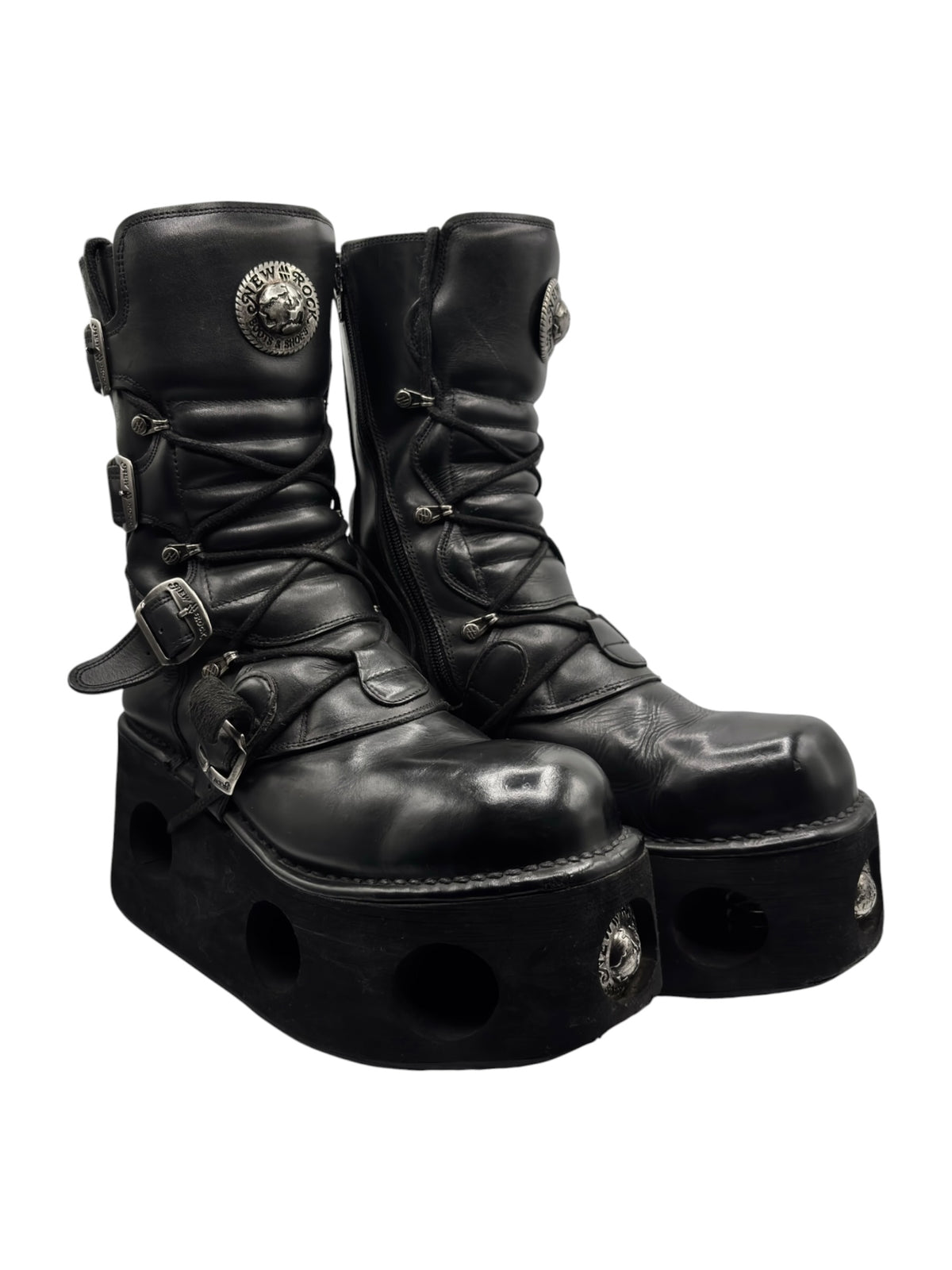 New Rock mid-calf black platform boots with buckles and circular stud logo on sides