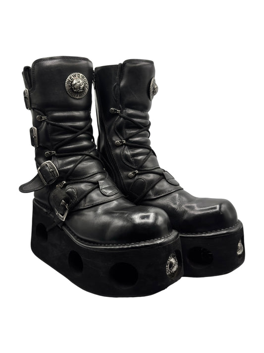 New Rock mid-calf black platform boots with buckles and circular stud logo on sides