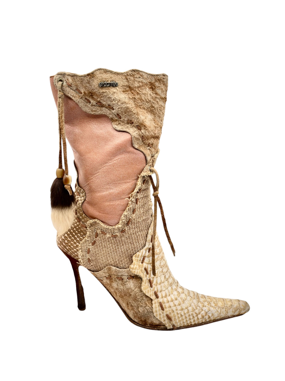 Beige snake-pattern leather heeled boots with suede cuff and tassel ties
