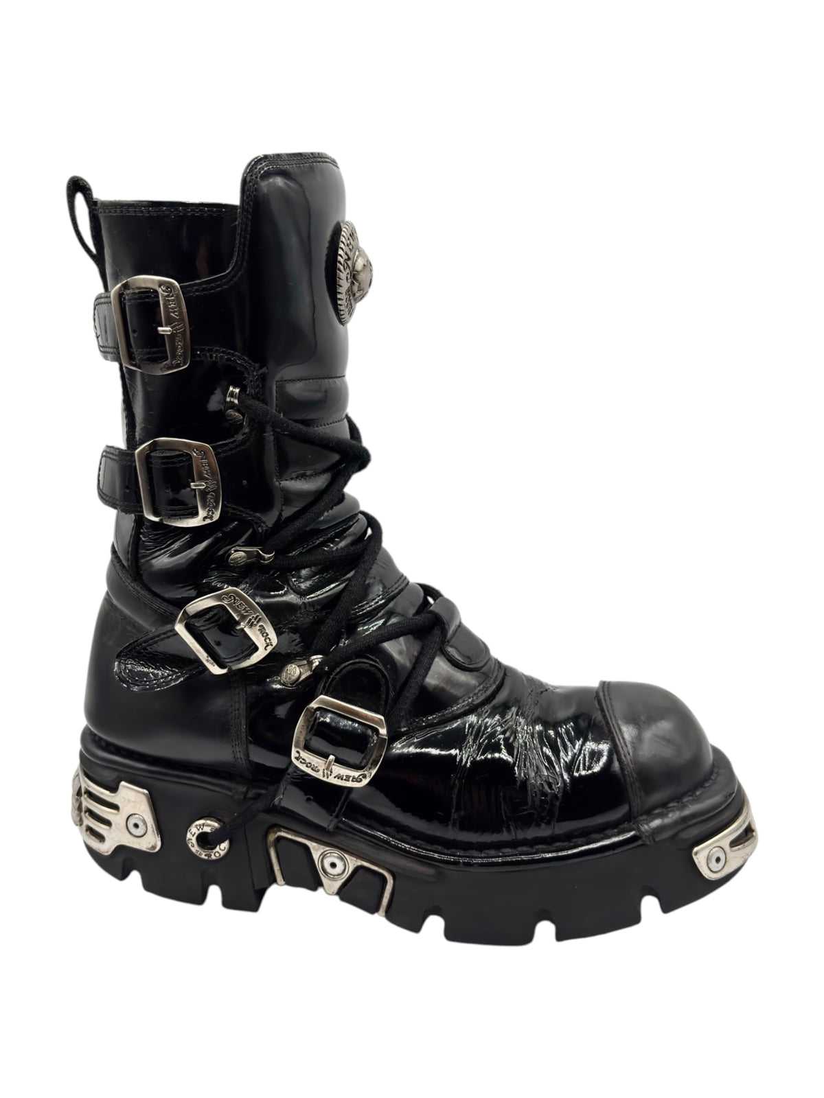Vintage New Rock mid-calf leather boots in black with front strap buckles and hardware