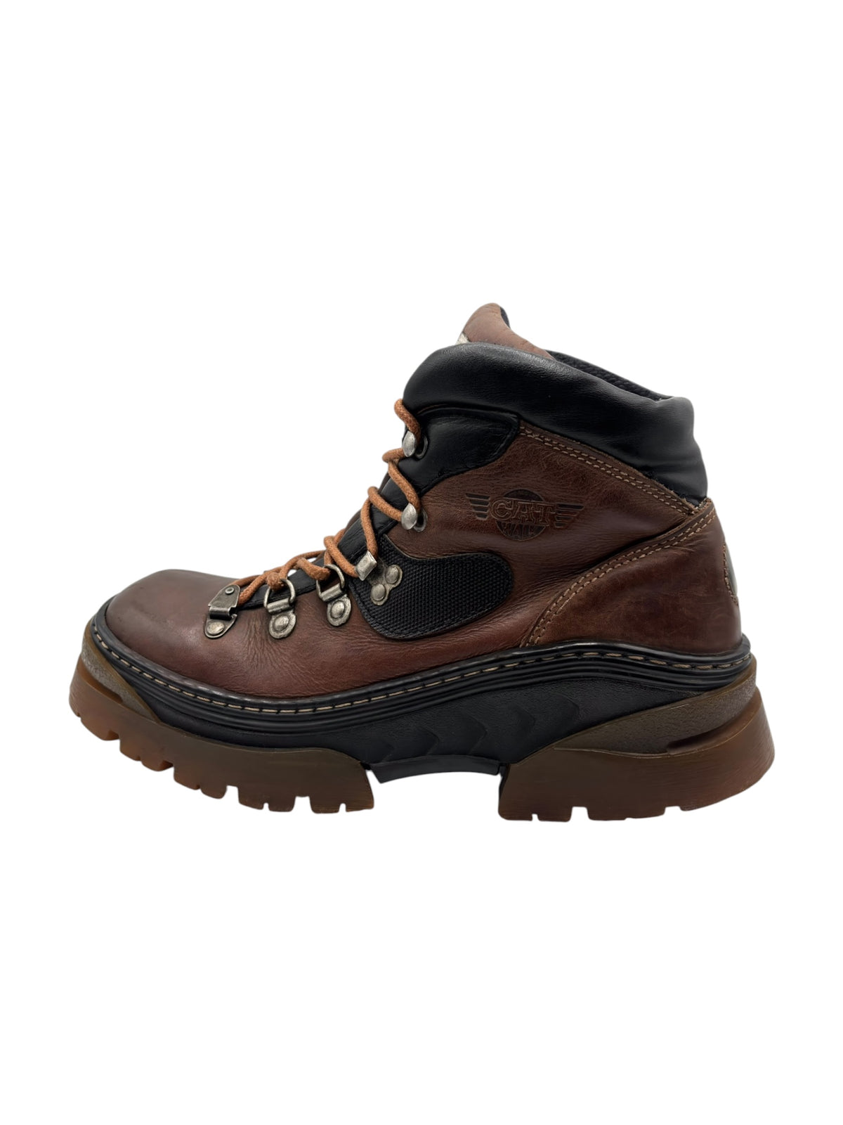 Brown and black lace-up leather boots with padded collar and rugged sole
