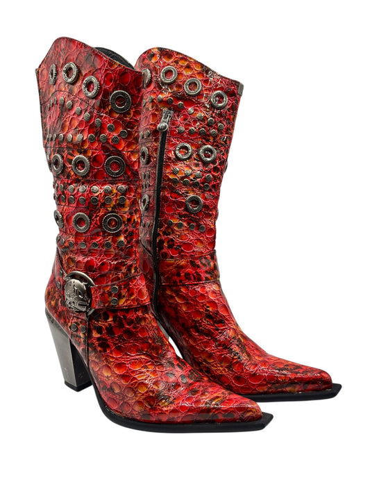 Red leather mid-calf biker heel boots with metal eyelet trim and side panel detailing