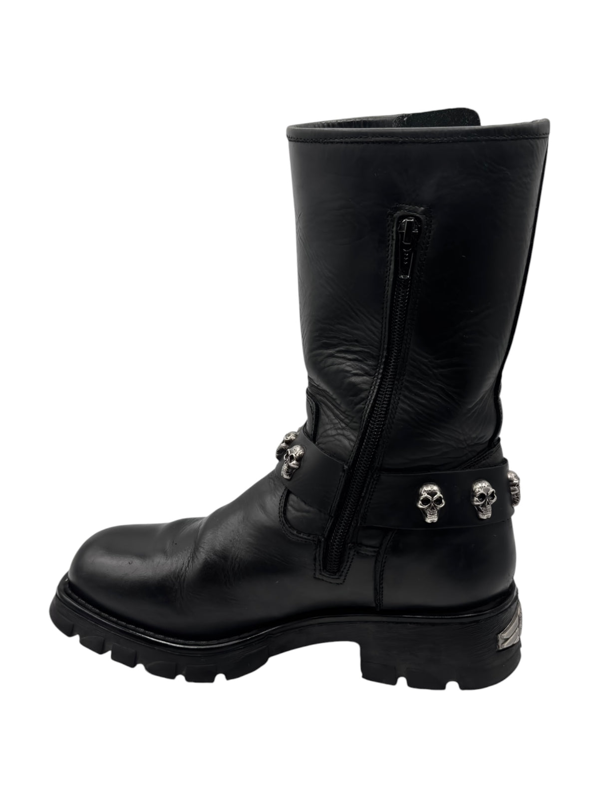 Black leather biker boots with side zipper and skull-studded ankle straps