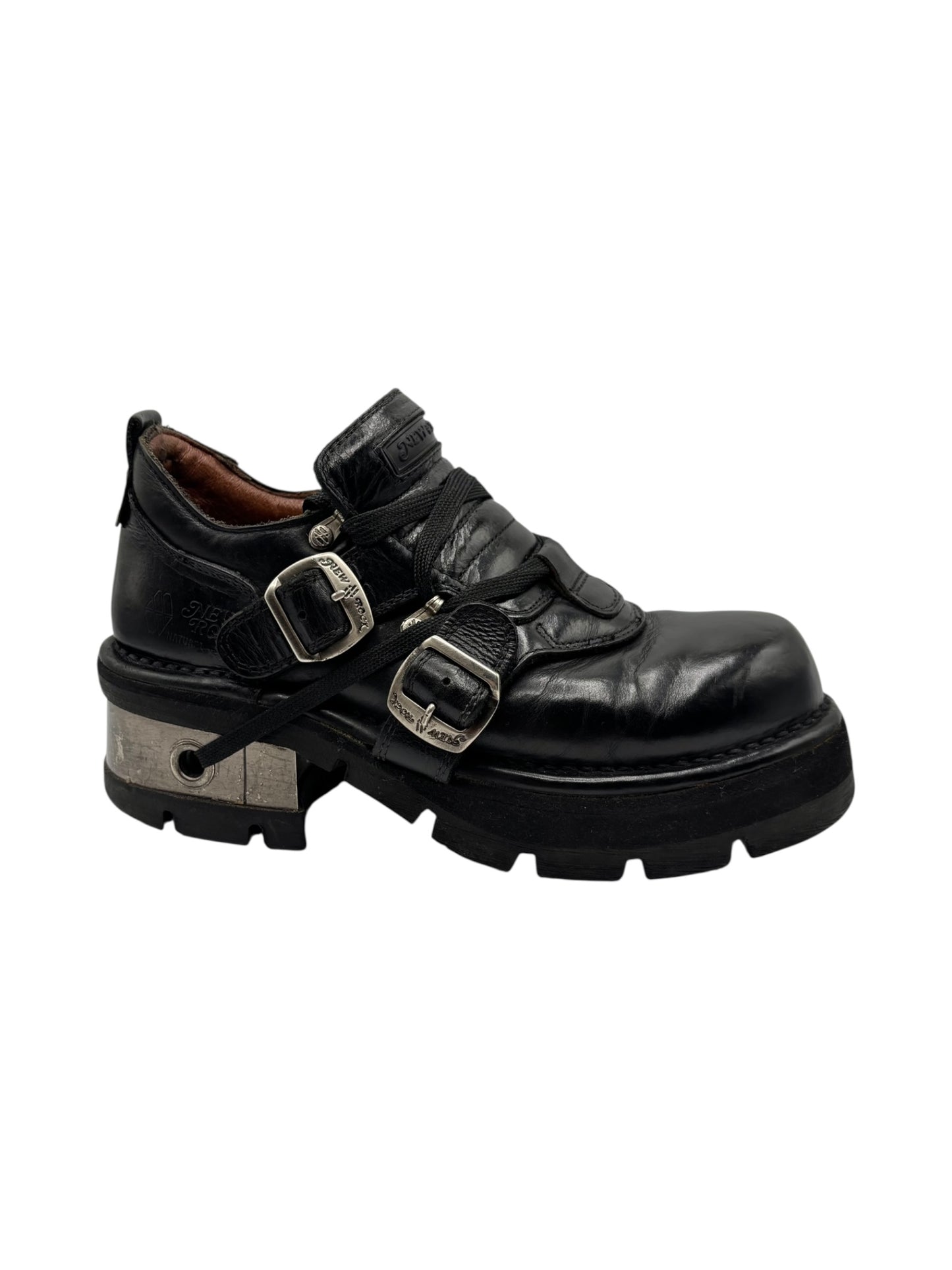 Vintage New Rock buckled raised-heel leather boots
