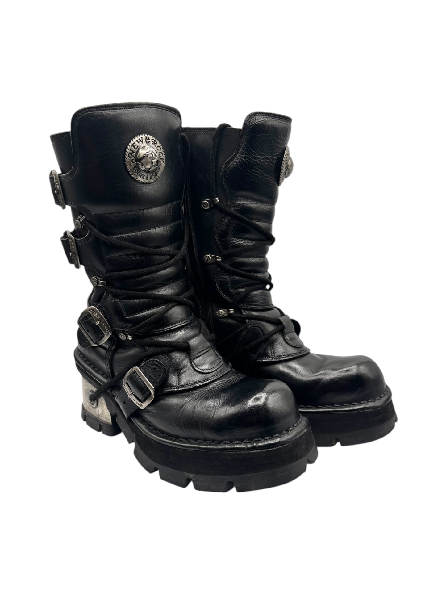 Vintage New Rock buckled raised-heel mid-calf leather boots size 40