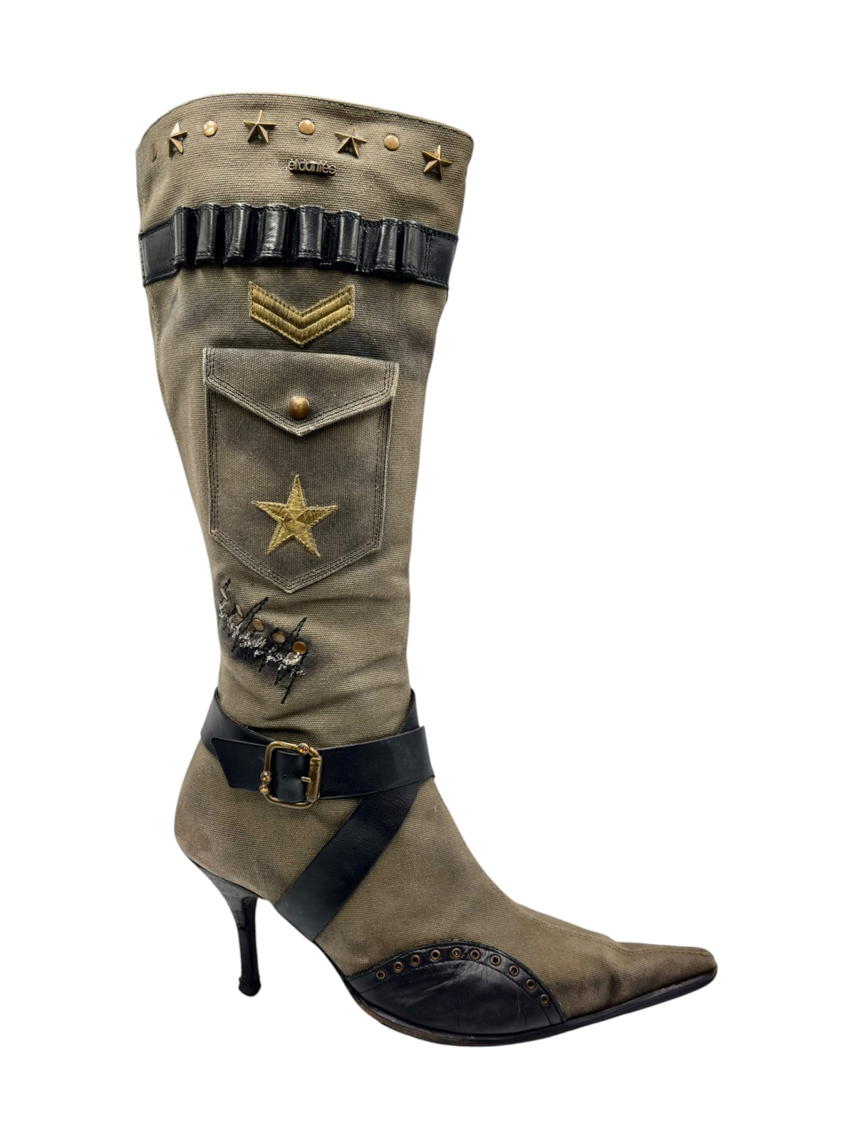 Knee-high olive boots with star emblem, studded top edge, and buckle strap at instep
