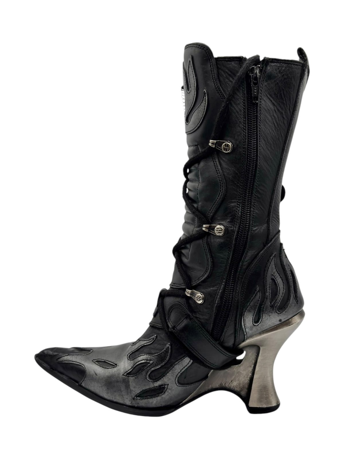 Lace-up flame boots with tall shafts and brushed silver heel accents