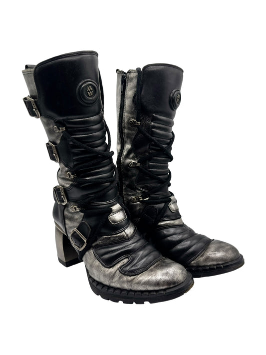 Mid-calf leather biker heel boots, black and grey with buckled straps and block heel