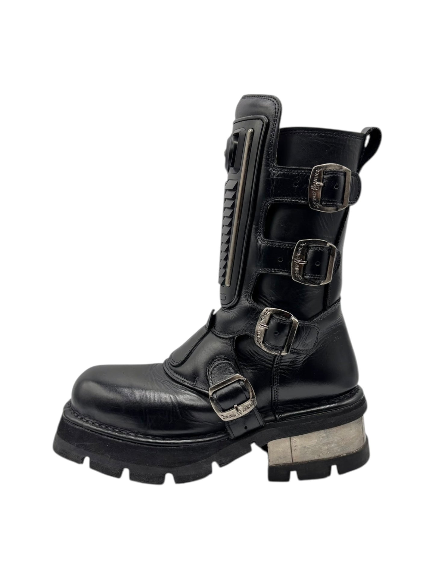 Vintage New Rock buckled raised-heel mid-calf leather boots size 39