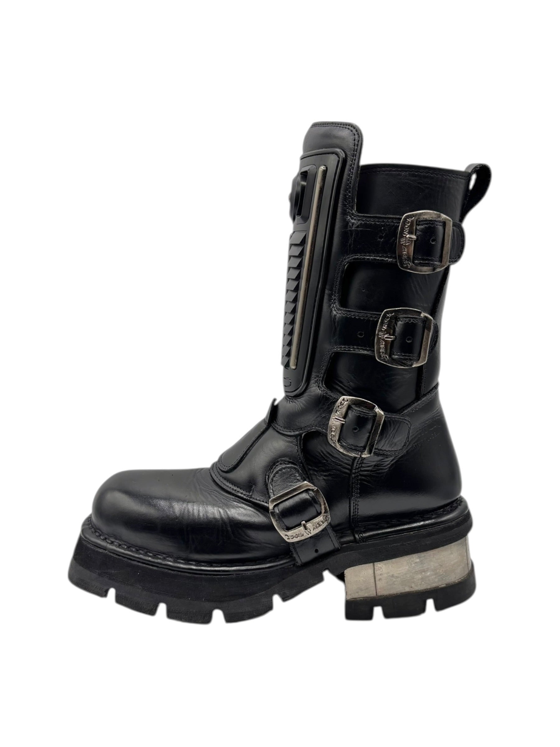 Vintage New Rock buckled raised-heel mid-calf leather boots size 39