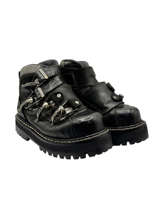 Black leather platform boots with metal buckles, lace-up and side strap