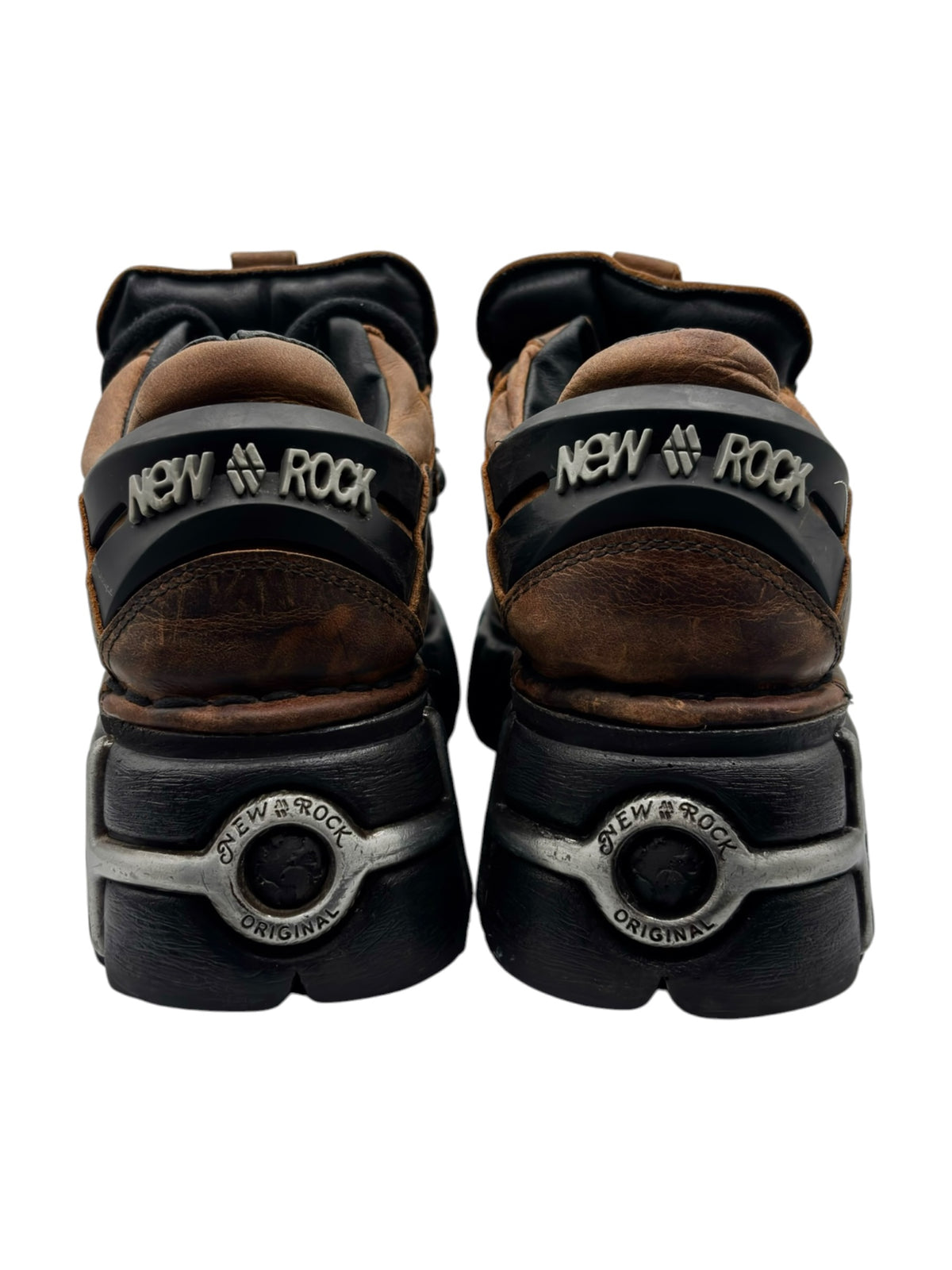 New Rock M-106-S1 brown platform boots, back view showing brand logo on heel