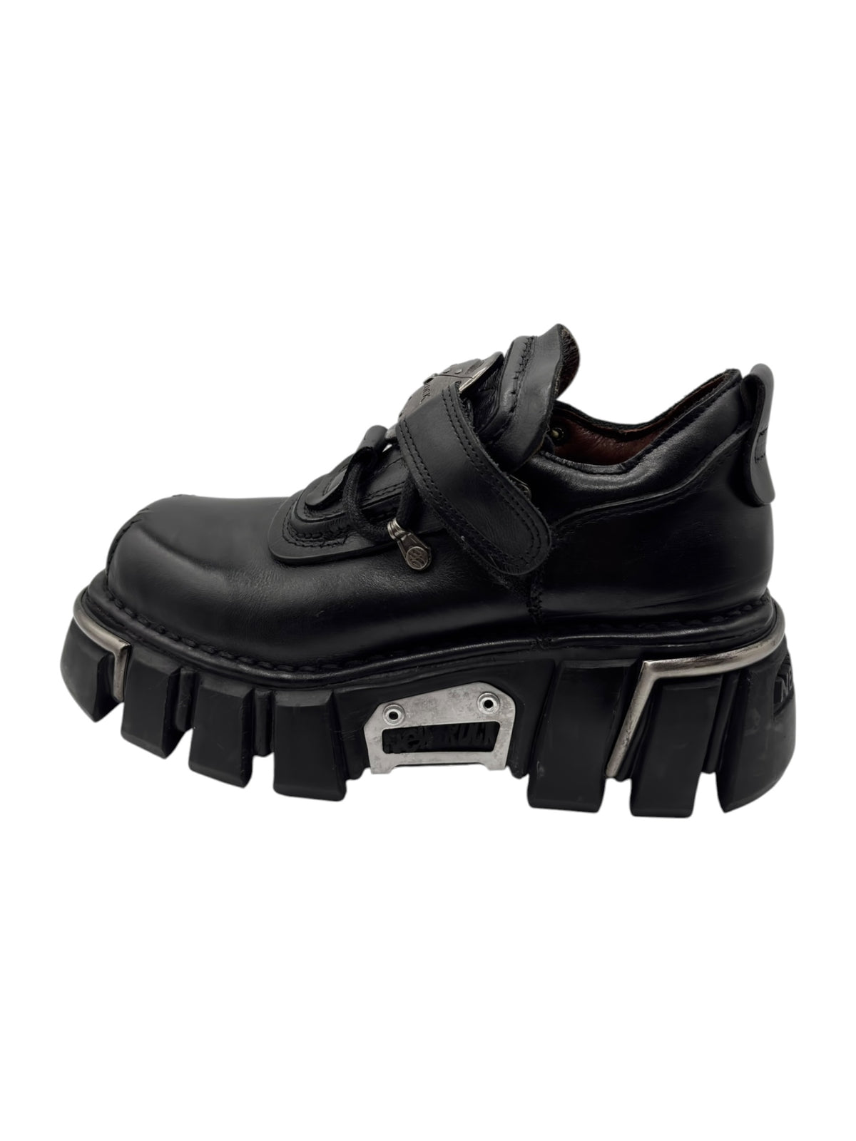 Black New Rock platform boots with two straps and chunky lug sole