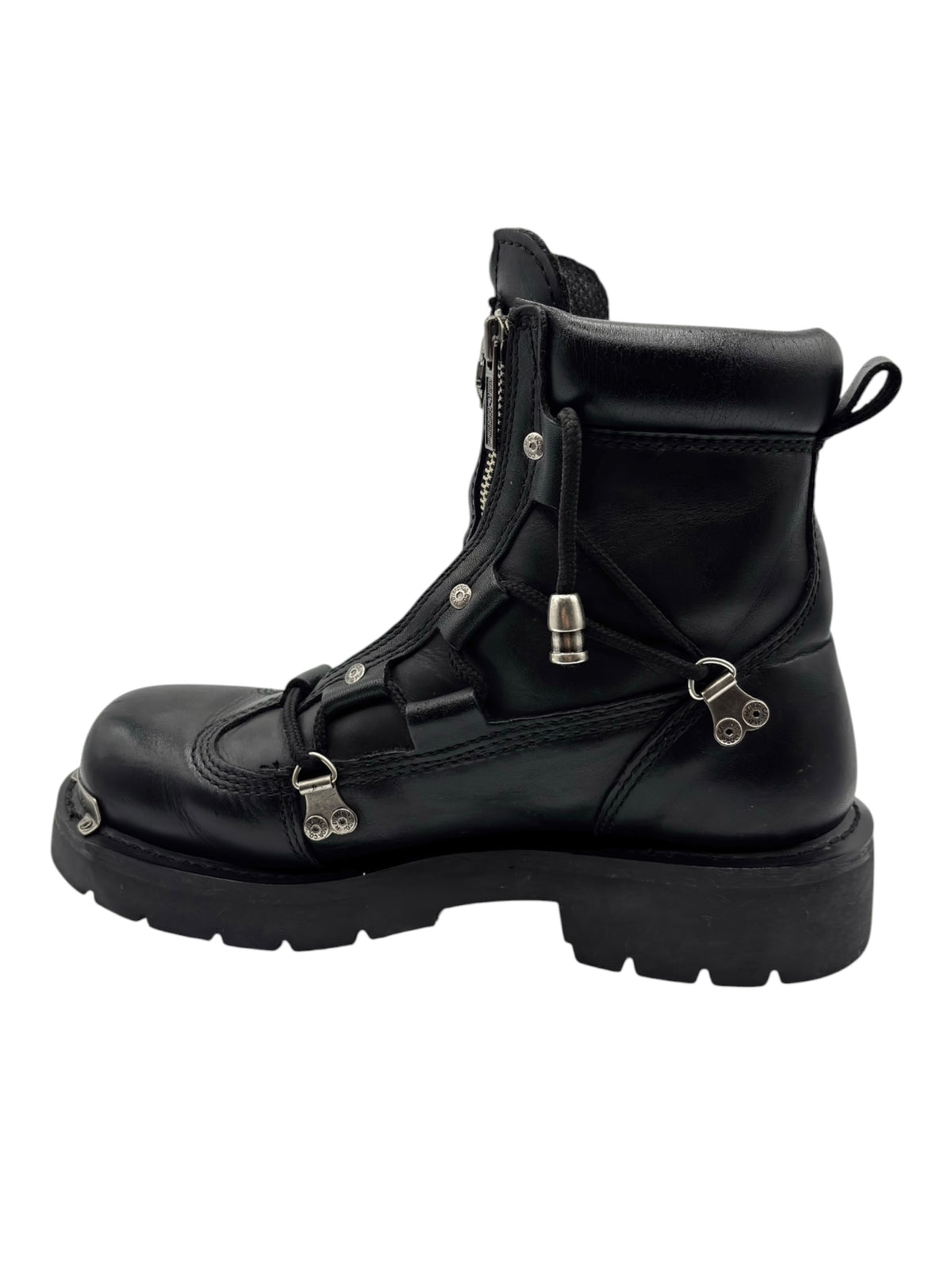 Black leather lace-up motorcycle boot with zip panel, buckles, and side emblem