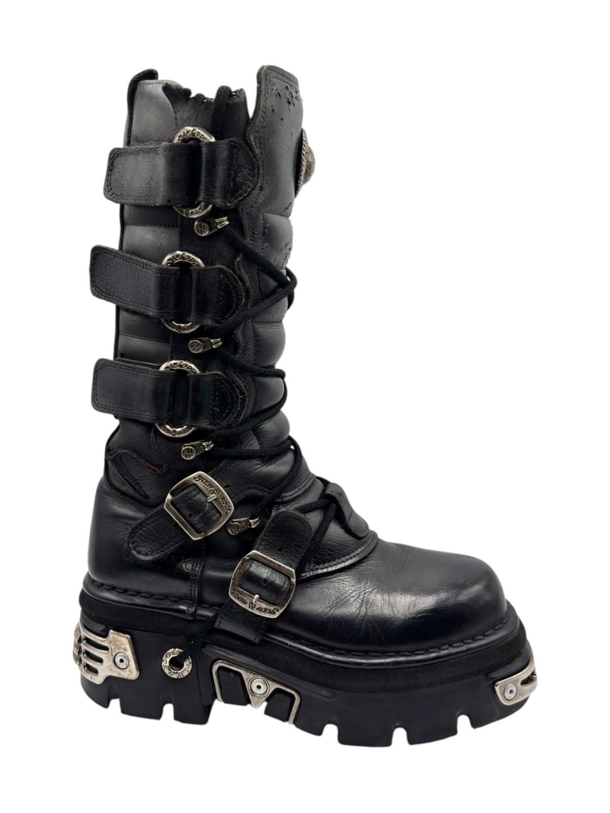 Black knee-high leather boots with front buckle strap accents and platform sole