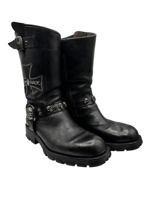 Black leather biker boots with skull buckle straps and padded collar