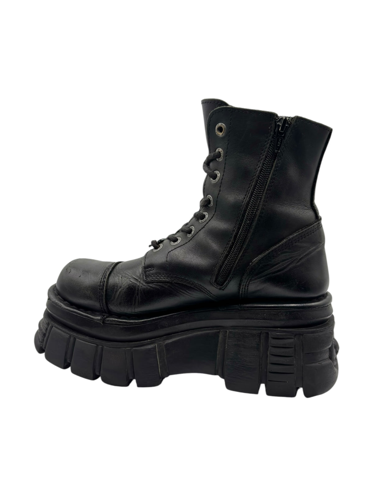New Rock Mili black leather lace-up platform boots, side profile with zipper and lug sole