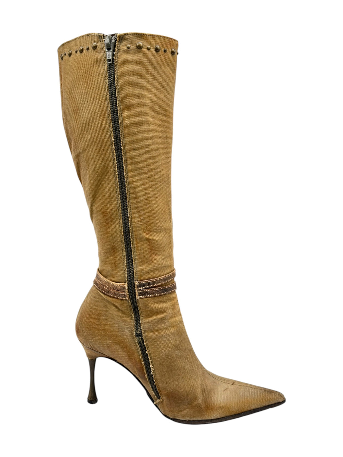 Side view of tan knee-high boots with full-length side zipper and heel