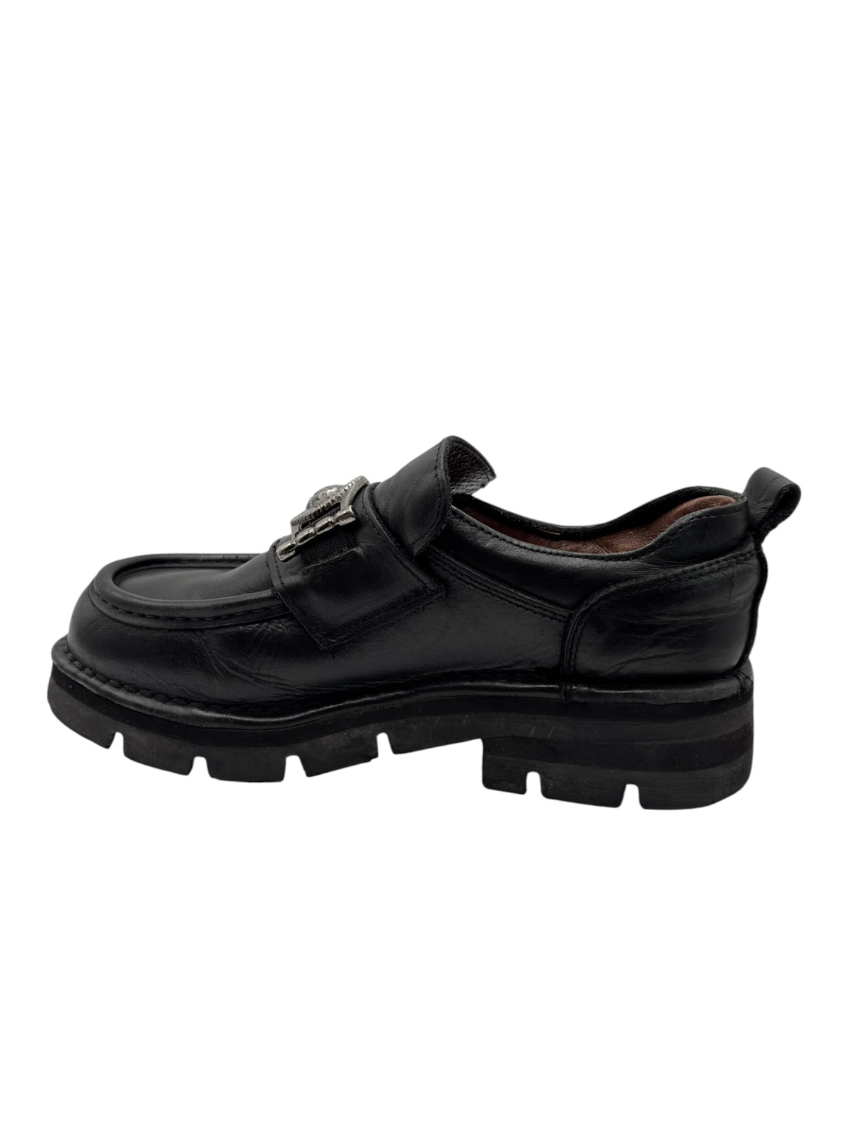 Vintage New Rock leather loafer profile, black leather upper with lug sole