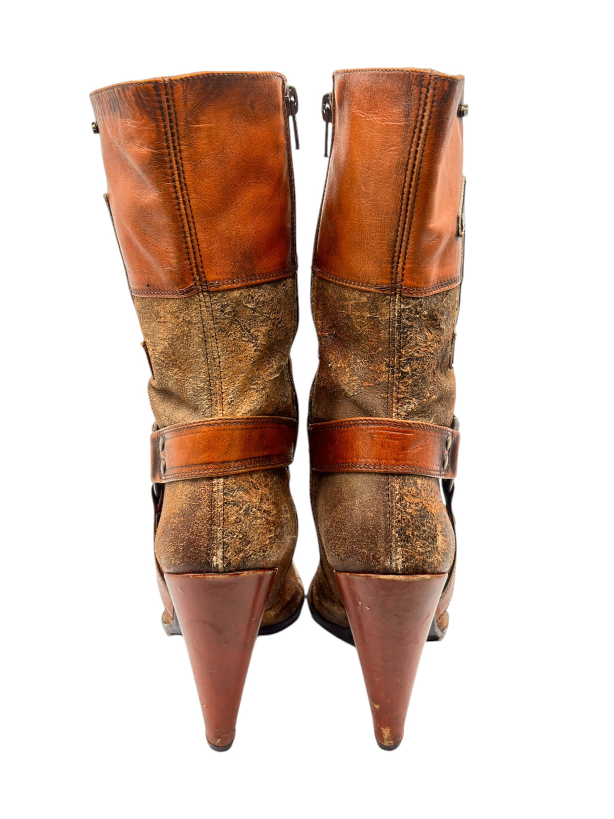 Vintage El Dantes orange leather tall heeled boots with side buckles