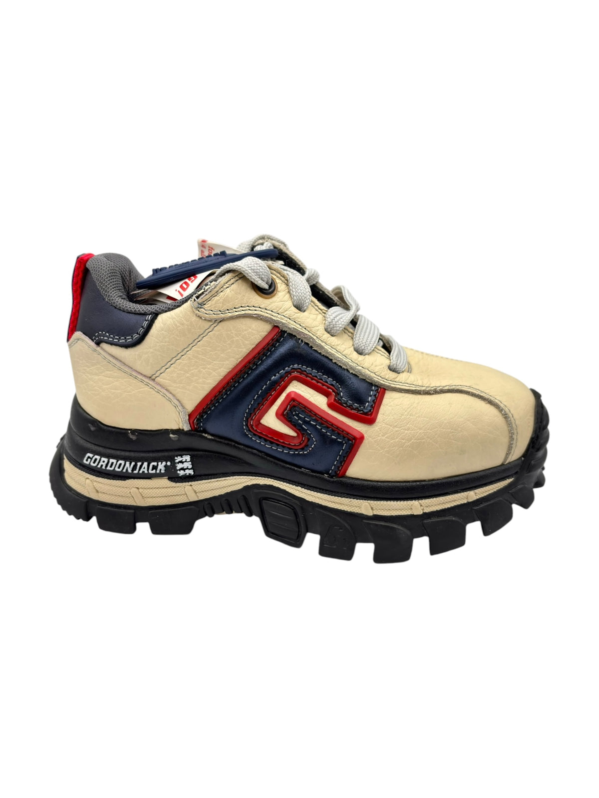 Beige sneakers with red navy applique, off-white laces, and chunky platform sole