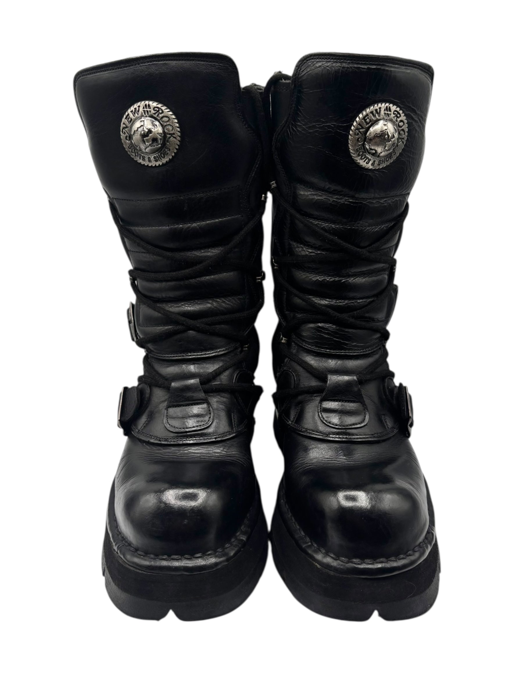 Vintage New Rock buckled raised-heel mid-calf leather boots size 40