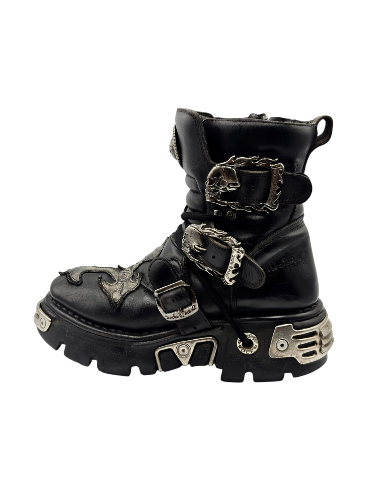 Black mid-calf boots with buckles, straps, and a thick rugged platform sole