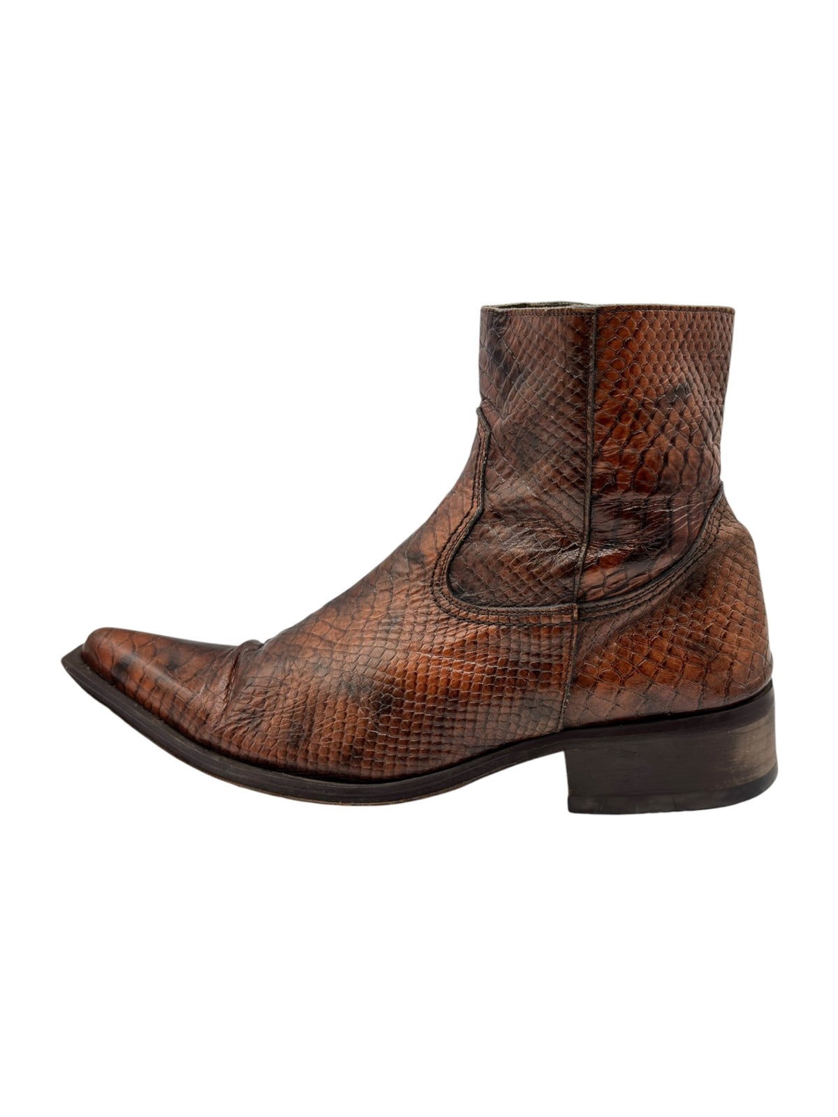 Brown cowboy boots with snake texture, dark rubber heel, and side pull tab