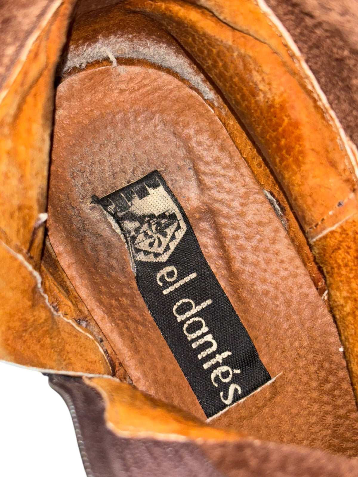 Inside boot label on brown lining with side zipper, vintage style