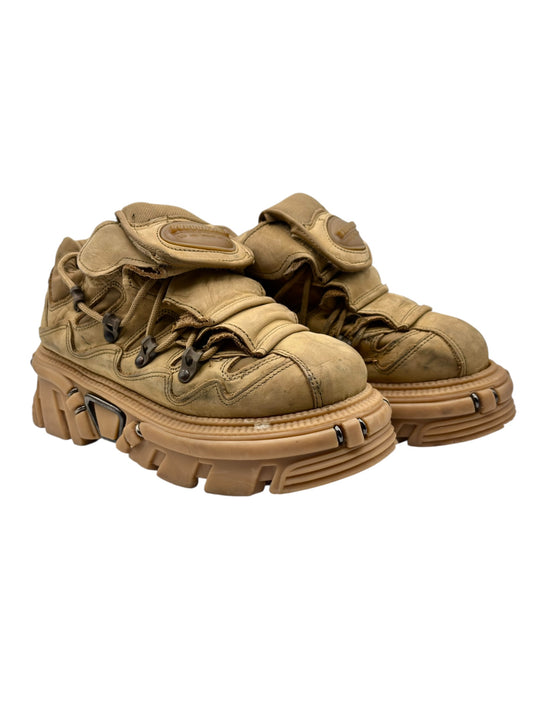 Vintage Gordon Jack brown platform boots, lace-up with chunky tread sole and straps