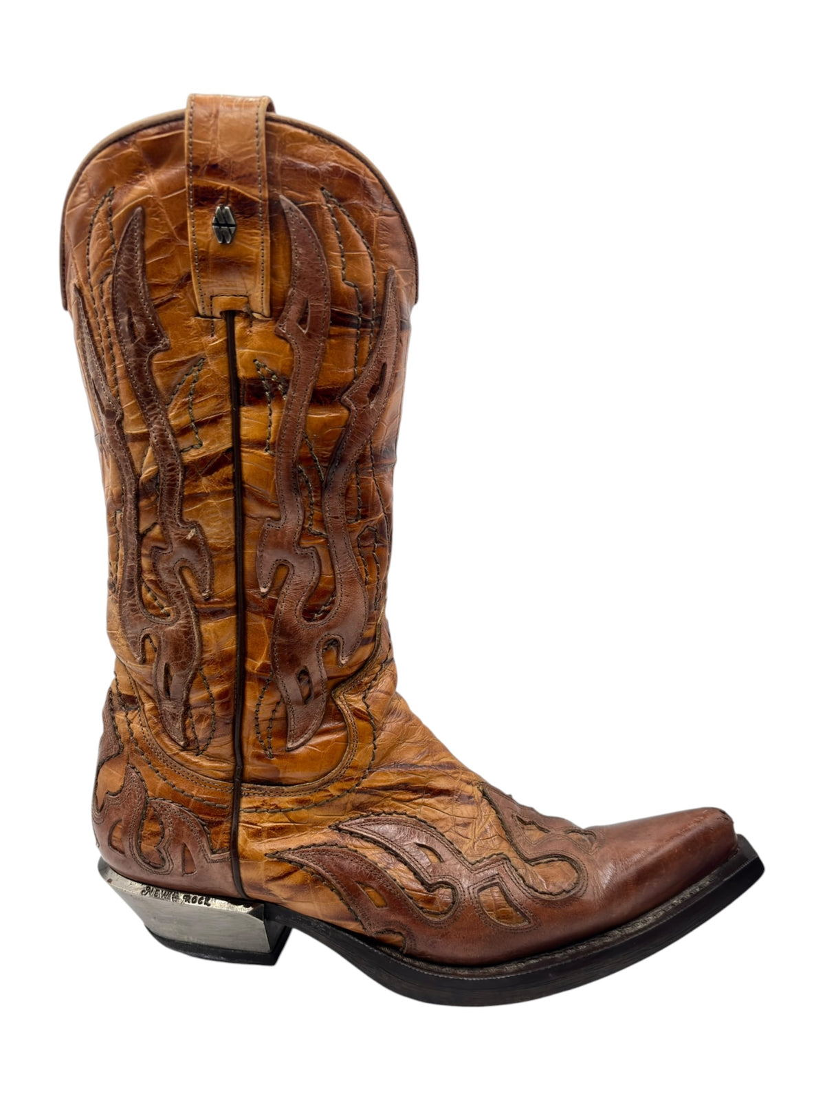 Brown cowboy boot profile view with flame stitching and pull tab on shaft