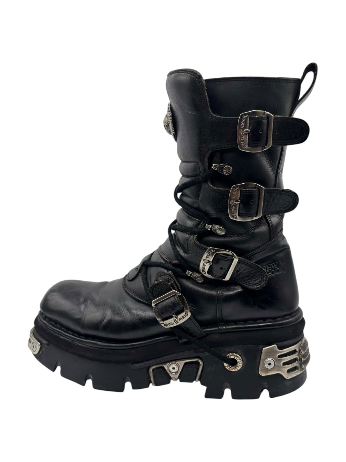 Black mid-calf reactor boots with buckle straps and chunky tread sole