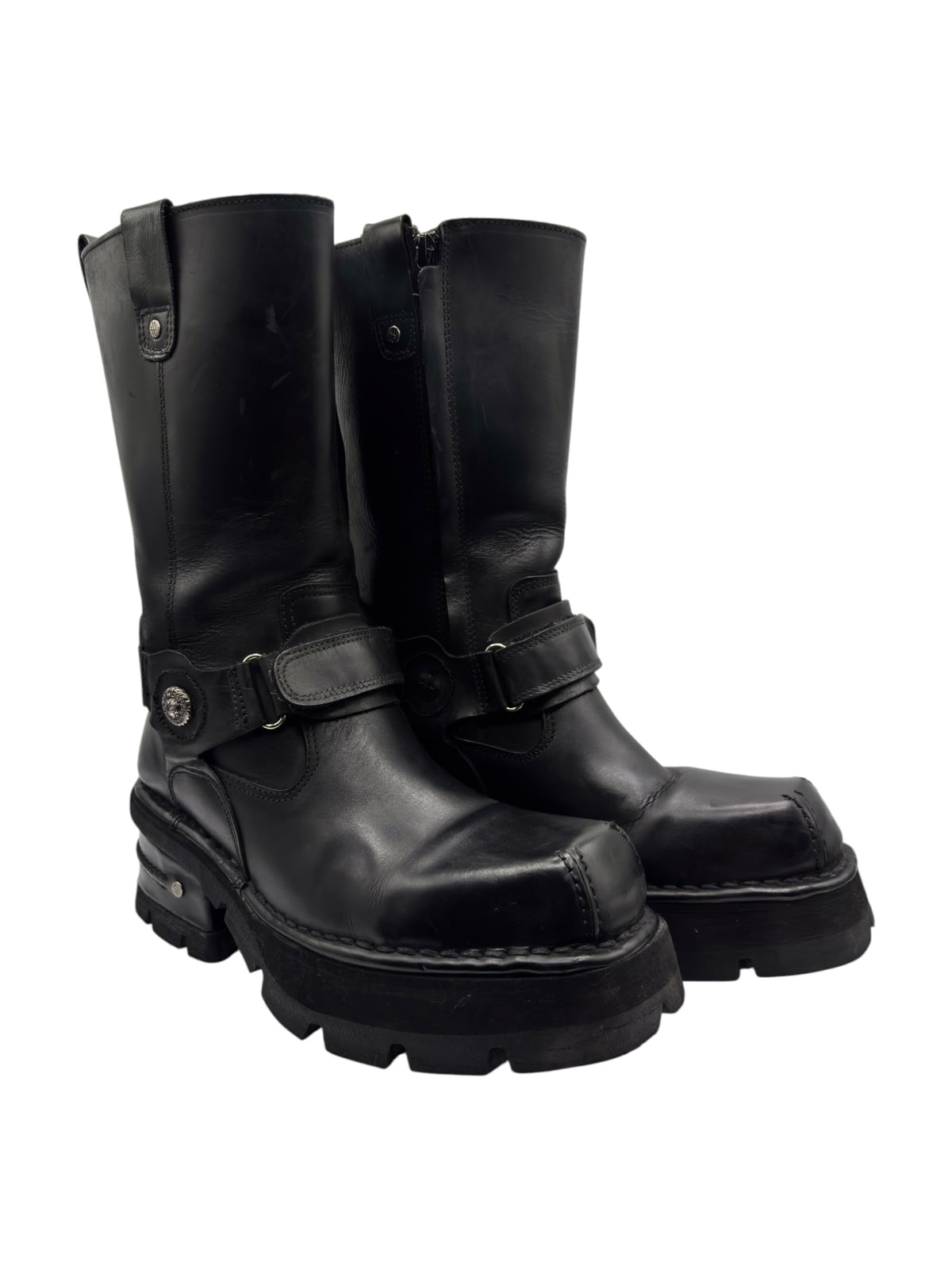 New Rock vintage leather biker boots, black with buckle straps and lug soles