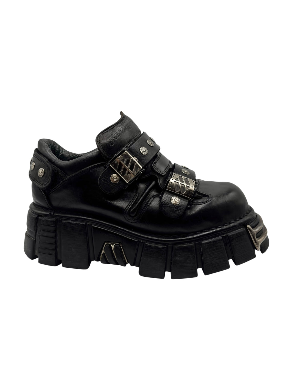 Vintage New Rock studded strap platform boots, black front view with plaid strap detail