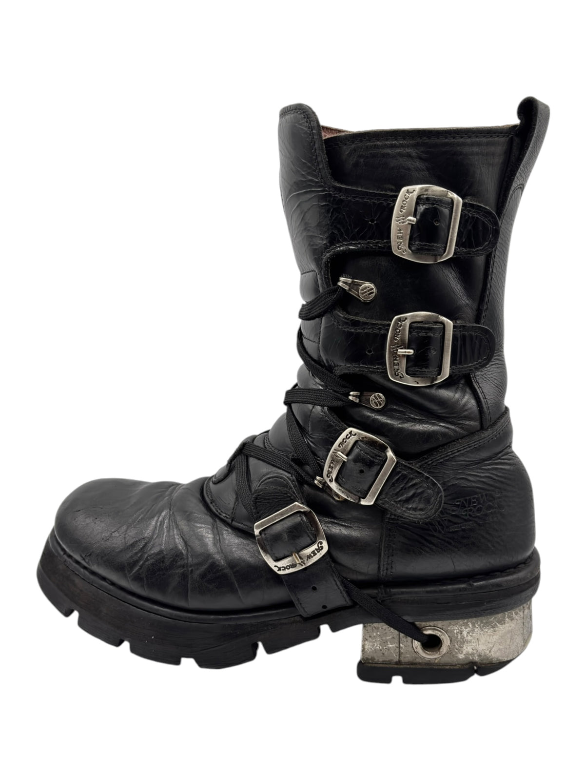 Black leather mid-calf boots with metal buckle straps and thick tread sole